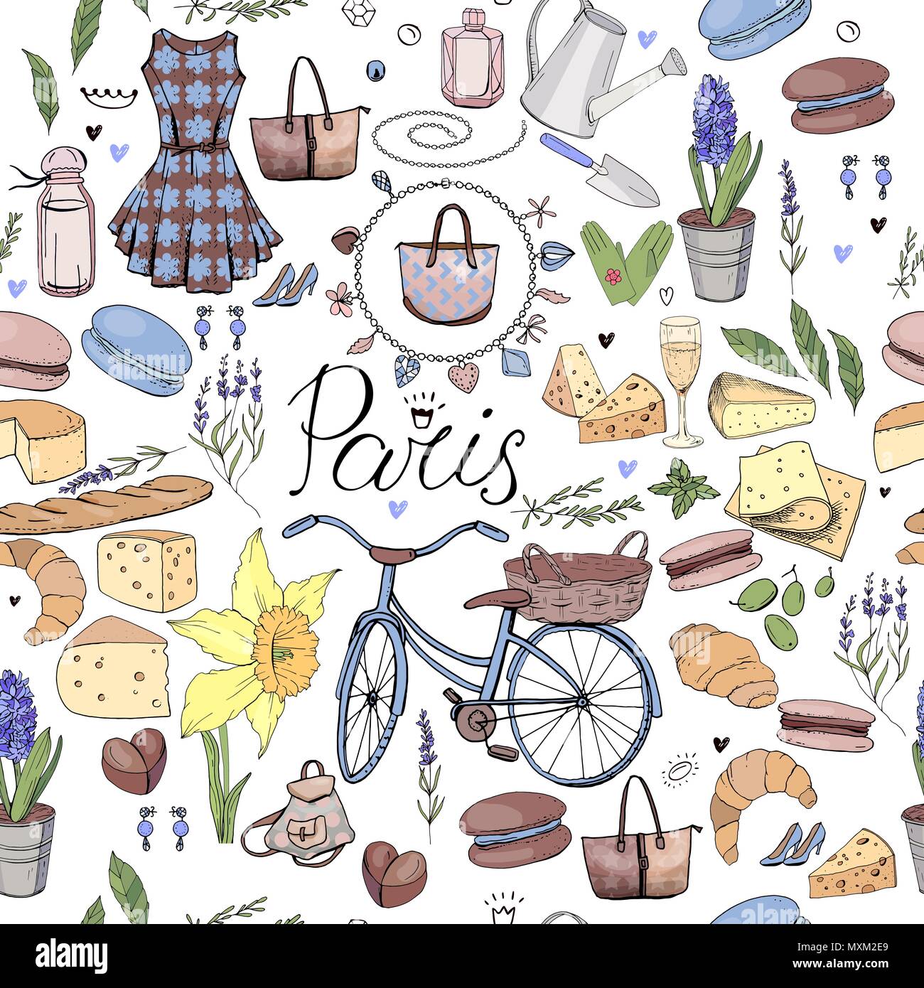 Patrón sin costuras hechas de diferentes símbolos relacionados con Francia, viajando y París. Color azul y amarillo. Textura interminable por la moda y los viajes des Ilustración del Vector