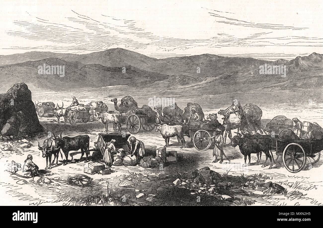 Los carros de transporte de carretera pase Bolan llevar tiendas a Quetta. Pakistán 1885. El Illustrated London News Foto de stock