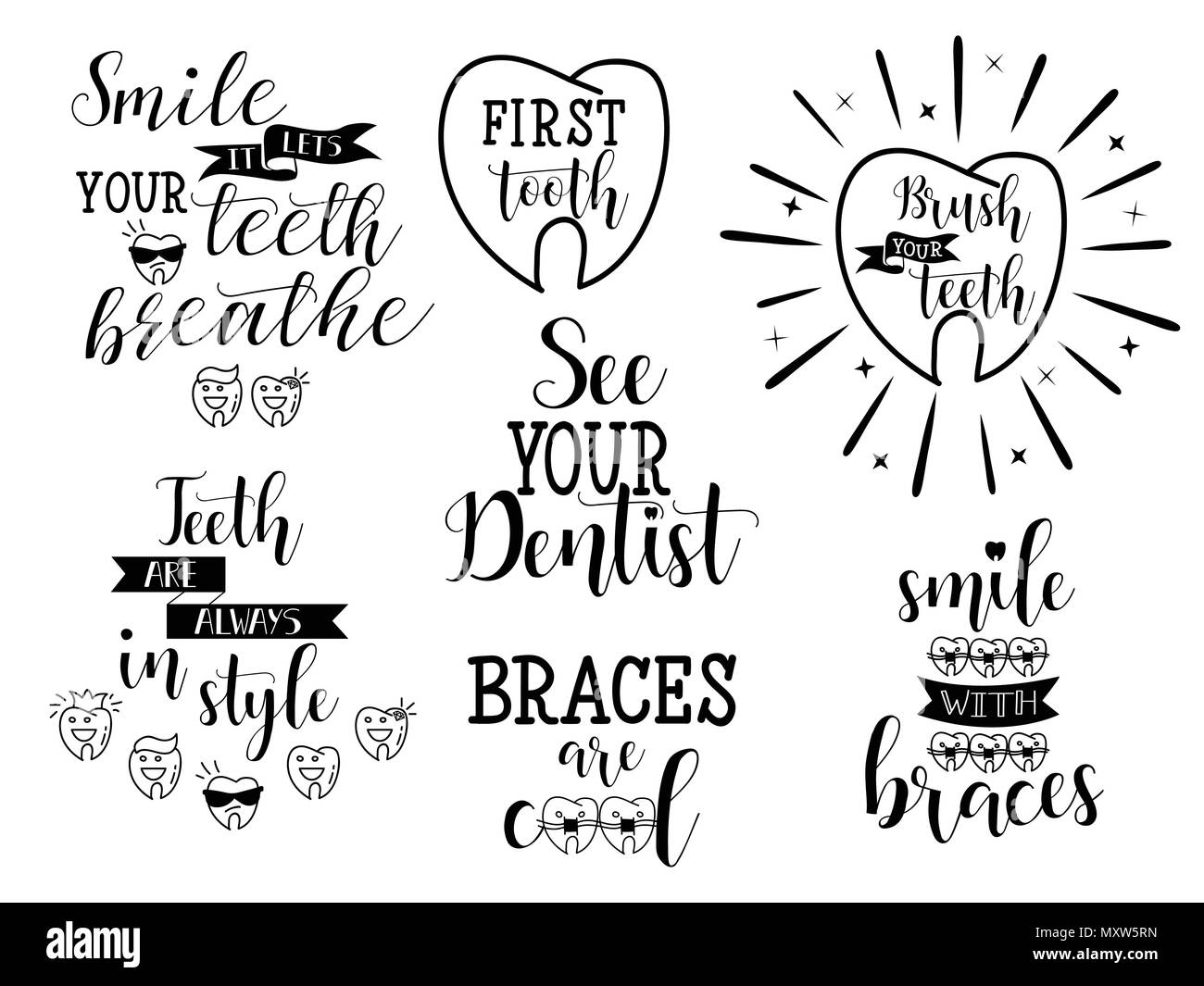 Dientes, cuidado bucal, dentistas y ortodoncia. Rotulación. Cuidado