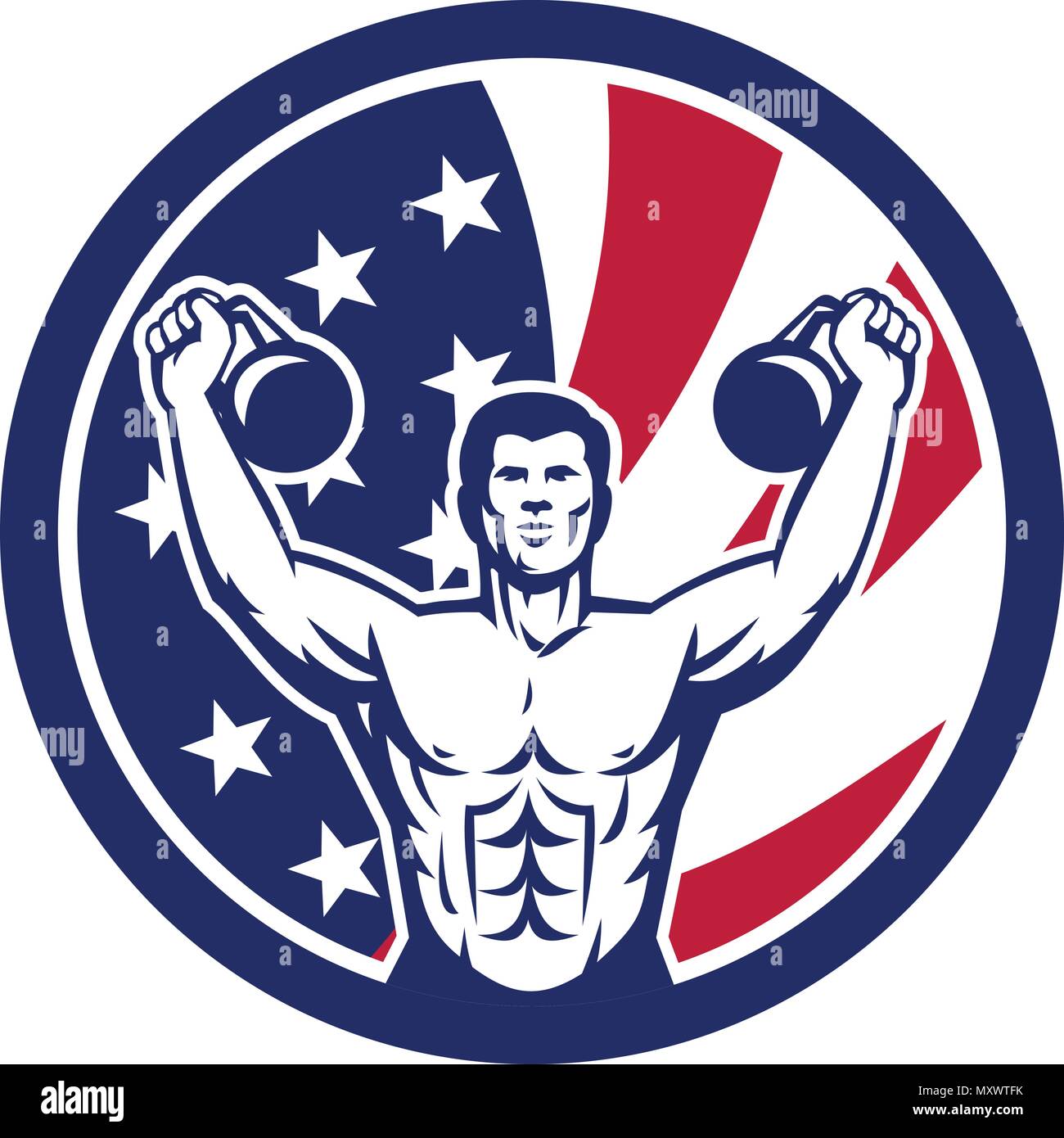 Icono de estilo retro ilustración de un American Physical Fitness  entrenamiento con kettlebell buff y Estados Unidos de América ESTADOS  UNIDOS Star Spangled Banner star Imagen Vector de stock - Alamy