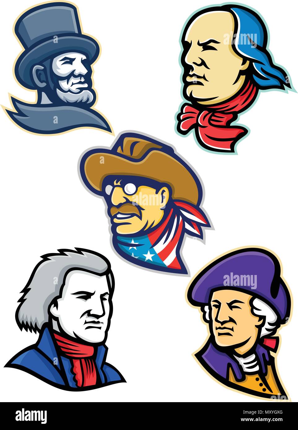 Icono de mascota ilustración conjunto de jefes de los presidentes americanos, patriota y estadista, héroes, como Abraham Lincoln, Benjamin Franklin,Theodore Roosevelt Ilustración del Vector