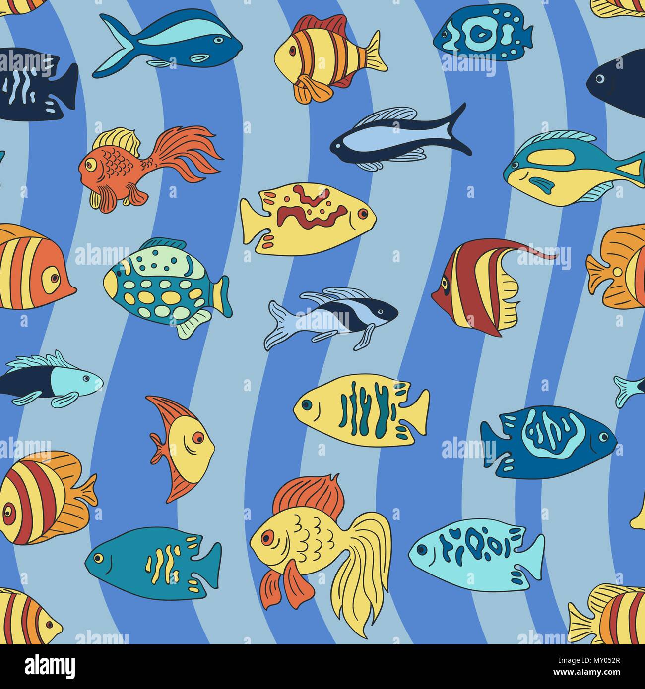 Estilo de dibujos animados pequeños peces de acuario en la trama de fondo de olas azules Imagen Vector de stock - Alamy Estilo de dibujos animados pequeños peces de acuario en la trama de fondo de olas azules Imagen Vector de stock - Alamy