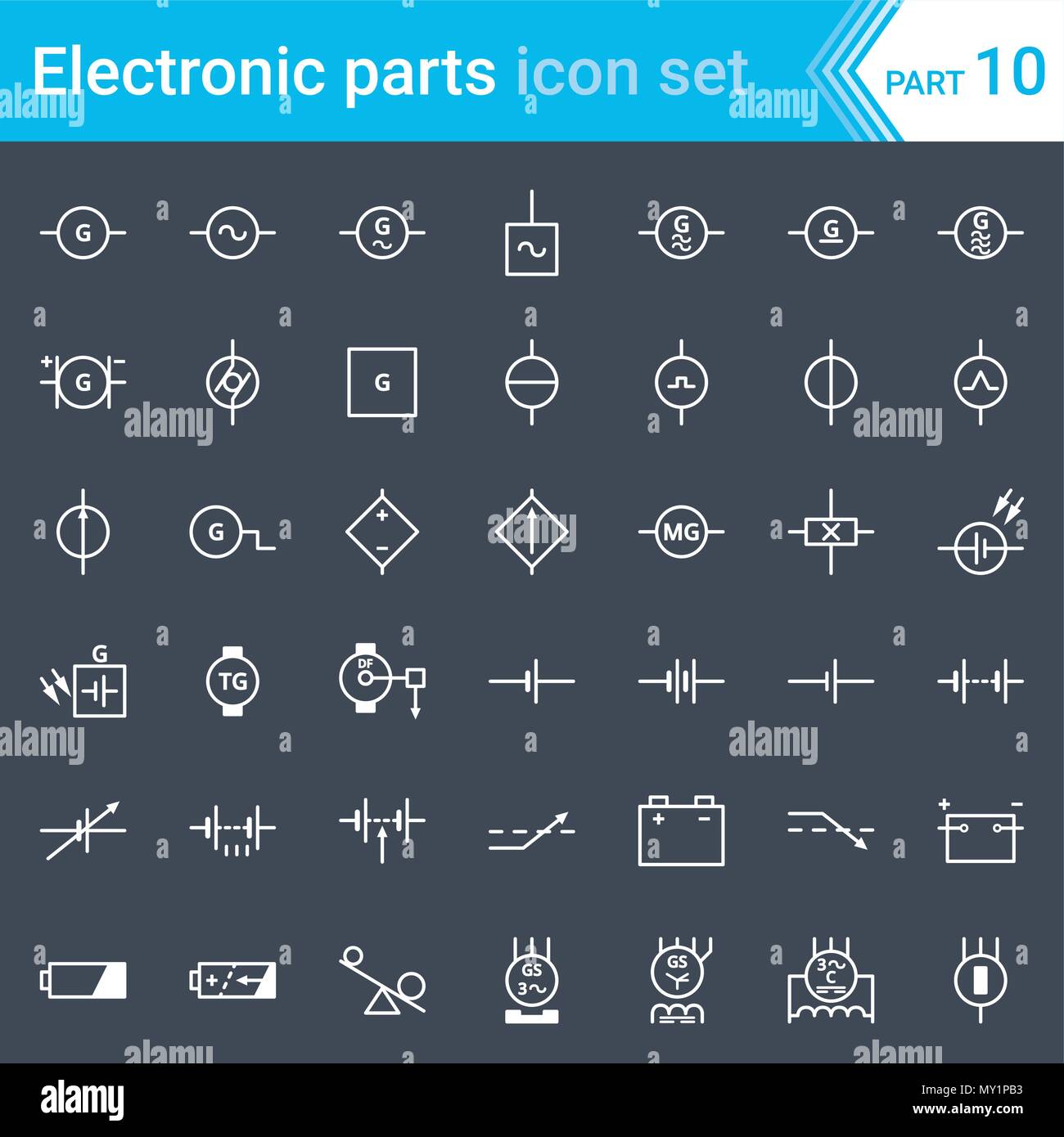 Eléctricos y Electrónicos de iconos, símbolos del diagrama eléctrico.  Generadores, baterías, fuentes de alimentación de CC y generador de tres  fases Imagen Vector de stock - Alamy