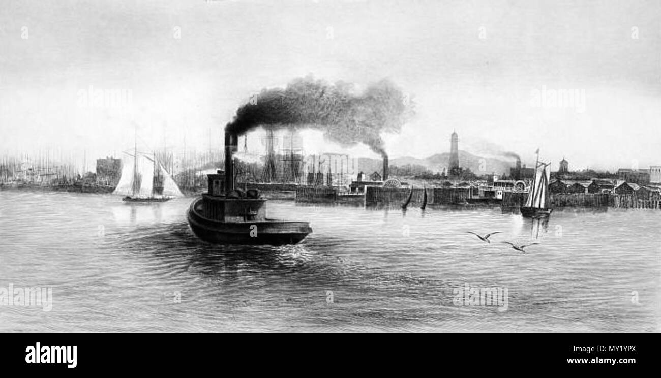 . Inglés Imprimir mostrando un remolcador y dos veleros en la Bahía de