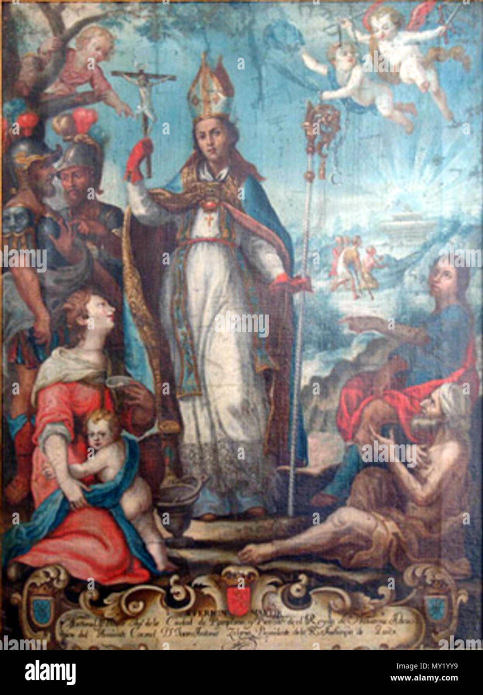 Retocado de una pintura de San Fermín (San Fermín, Sanctus Ferminus;  patrona de Pamplona "Encierro de Toros") en la escuela quiteña (al estilo  de la Escuela de Quito; Escuela Colonial) .
