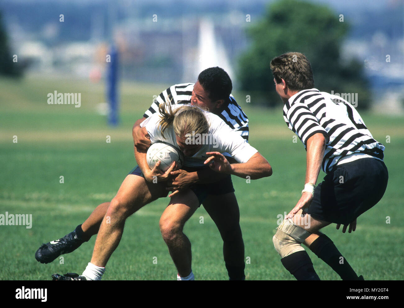 Un partido de rugby en curso en Newport, Rhode Island, EE.UU. Foto de stock