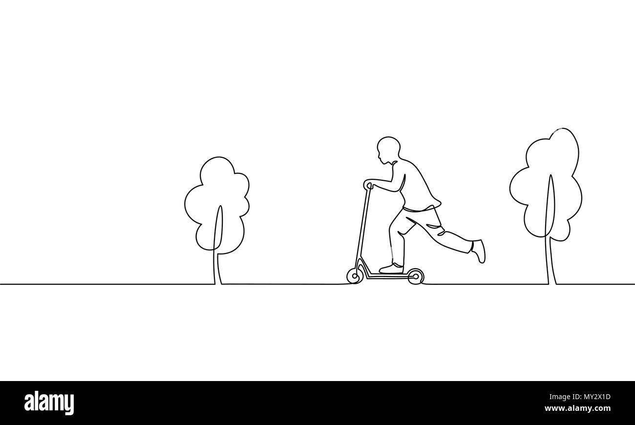 Solo una línea continua de arte joven caballo scooter. Los niños actividad deportiva hobby vacaciones recreación escolar divertido concepto al aire libre del parque infantil árboles boceto del diseño esquema ilustración vectorial Ilustración del Vector