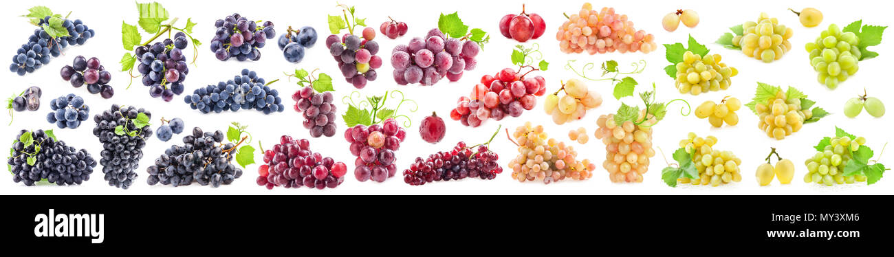 Colecciones de uvas maduras con hojas aislado en blanco Foto de stock