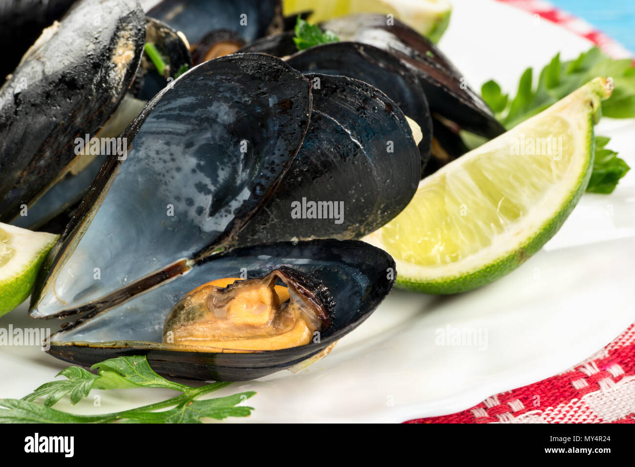 Abrir los mejillones con ingredientes cocidos en un plato de cierre Foto de stock