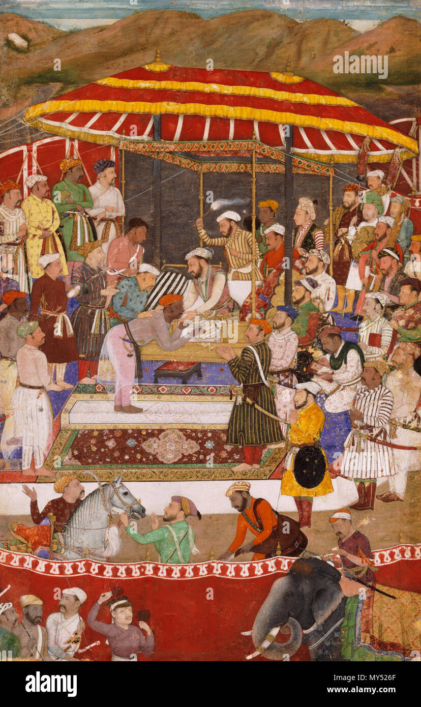 . Inglés: Esta escena, probablemente se realizará aproximadamente entre 1615 y 1618, describe la presentación de la regla de Mewar en Rajastán para Shah Jahan, el hijo de la reina emperador Mughal Jahangir (r. 1605-1627). La regla, Rana Amar Singh, había sostenido desde hace mucho tiempo contra las fuerzas de Mughal, pero después de una larga campaña dirigida por Shah Jahan se vio obligado a rendirse en 1614. El artista, Nanha, ha incluido a sí mismo arrodillado a la derecha de la escena, trazar un retrato de la Rana. La imagen fue hecha para ilustrar la Jahangirnama ('Libro de Jahangir'), las memorias escritas en persa por Jahangir, como se indica Foto de stock