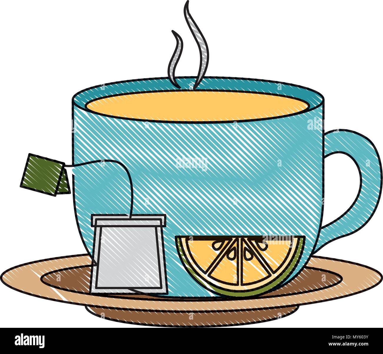 Taza de té caliente con limón deja la bolsa en el plato dibujo