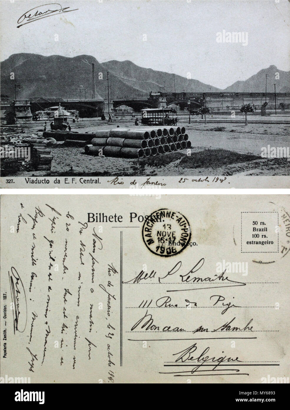 . Português: Viaduto da Estrada de Ferro Central do Brasil sobrios o Canal do Mangue no Rio de Janeiro. 1908. Papelaria Zenith - Ouvidor, 127 549 Viaducto Central da E. F. Foto de stock