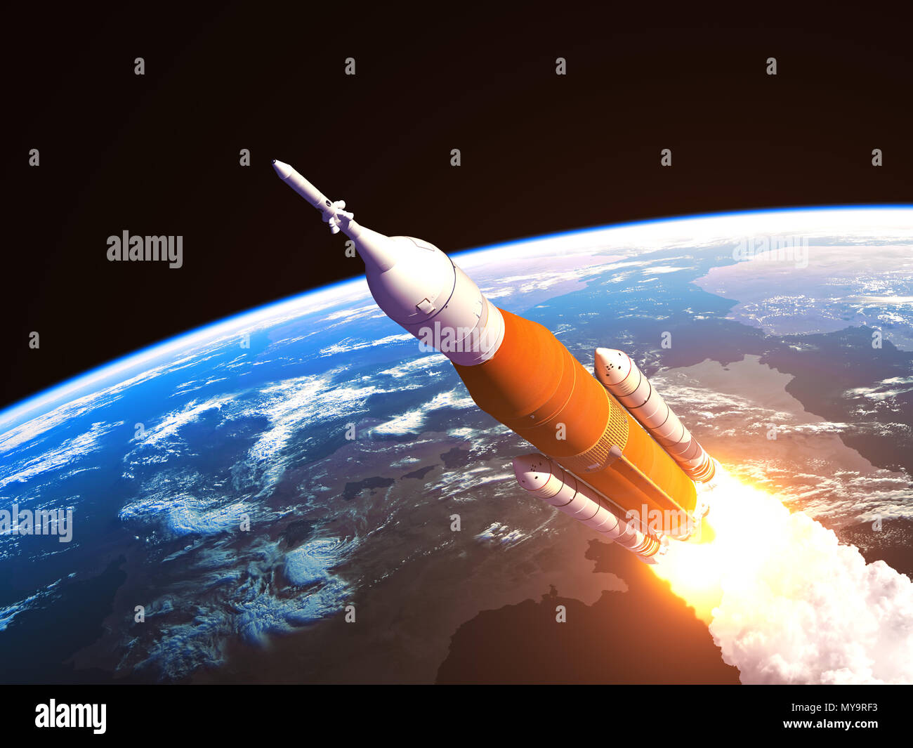 Sistema de lanzamiento espacial sobre la tierra Foto de stock