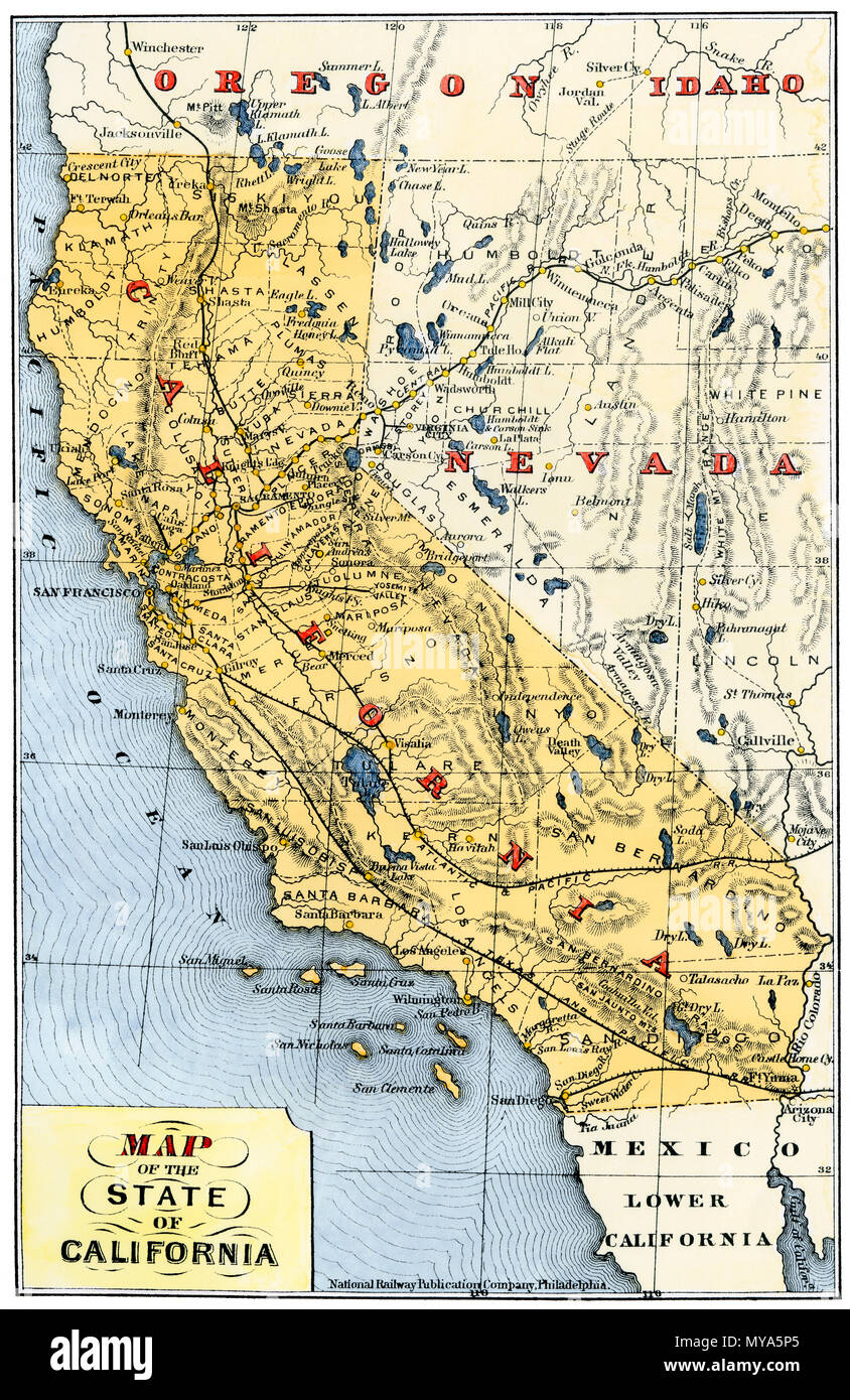 Mapa mostrando los ferrocarriles en California, en 1880. Xilografía coloreada a mano Foto de stock