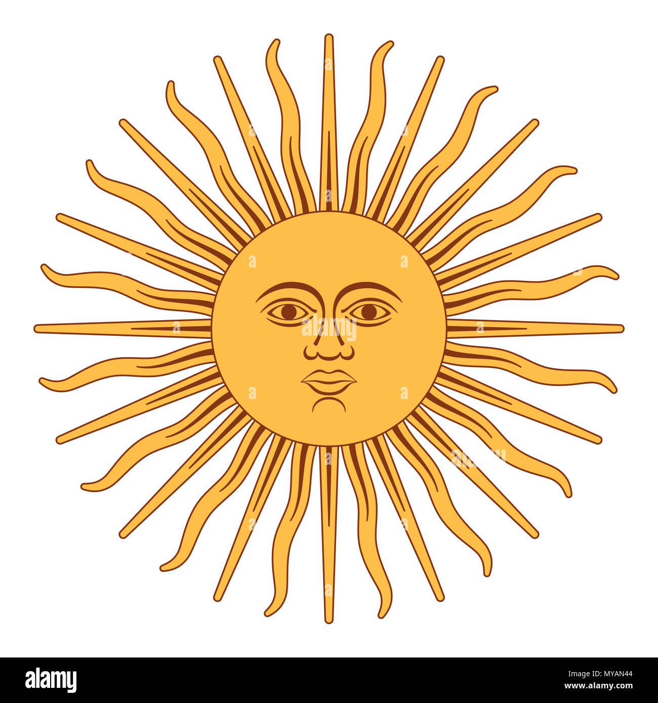 Sol de Mayo, español Sol de Mayo, un emblema nacional de Argentina sobre la bandera del país. Ilustración en blanco. Foto de stock