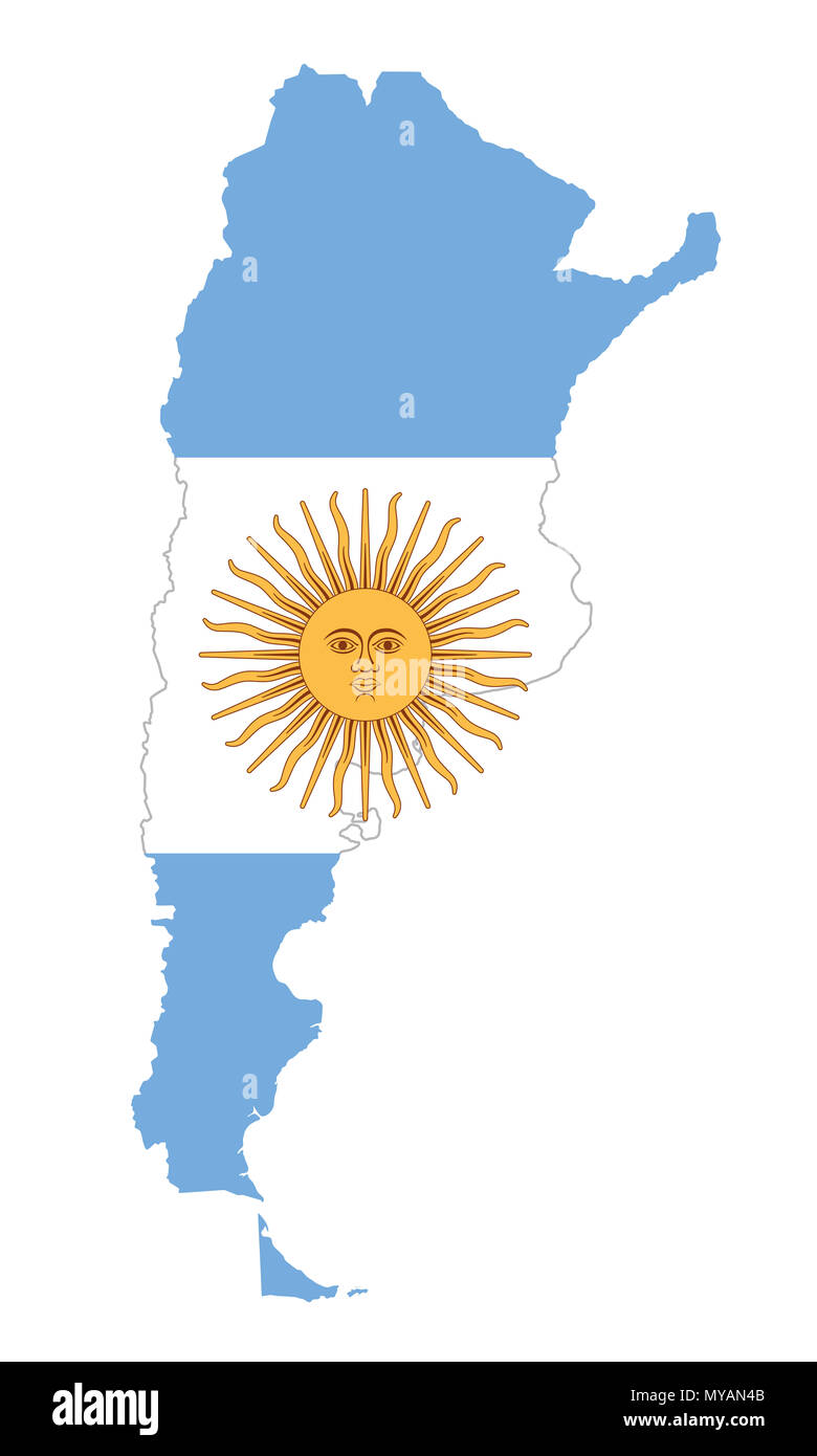 La bandera nacional de Argentina con Sol de Mayo en país de silueta. Triband argentino de bandas horizontales en azul y blanco, sobre Sol de Mayo emblema. Foto de stock