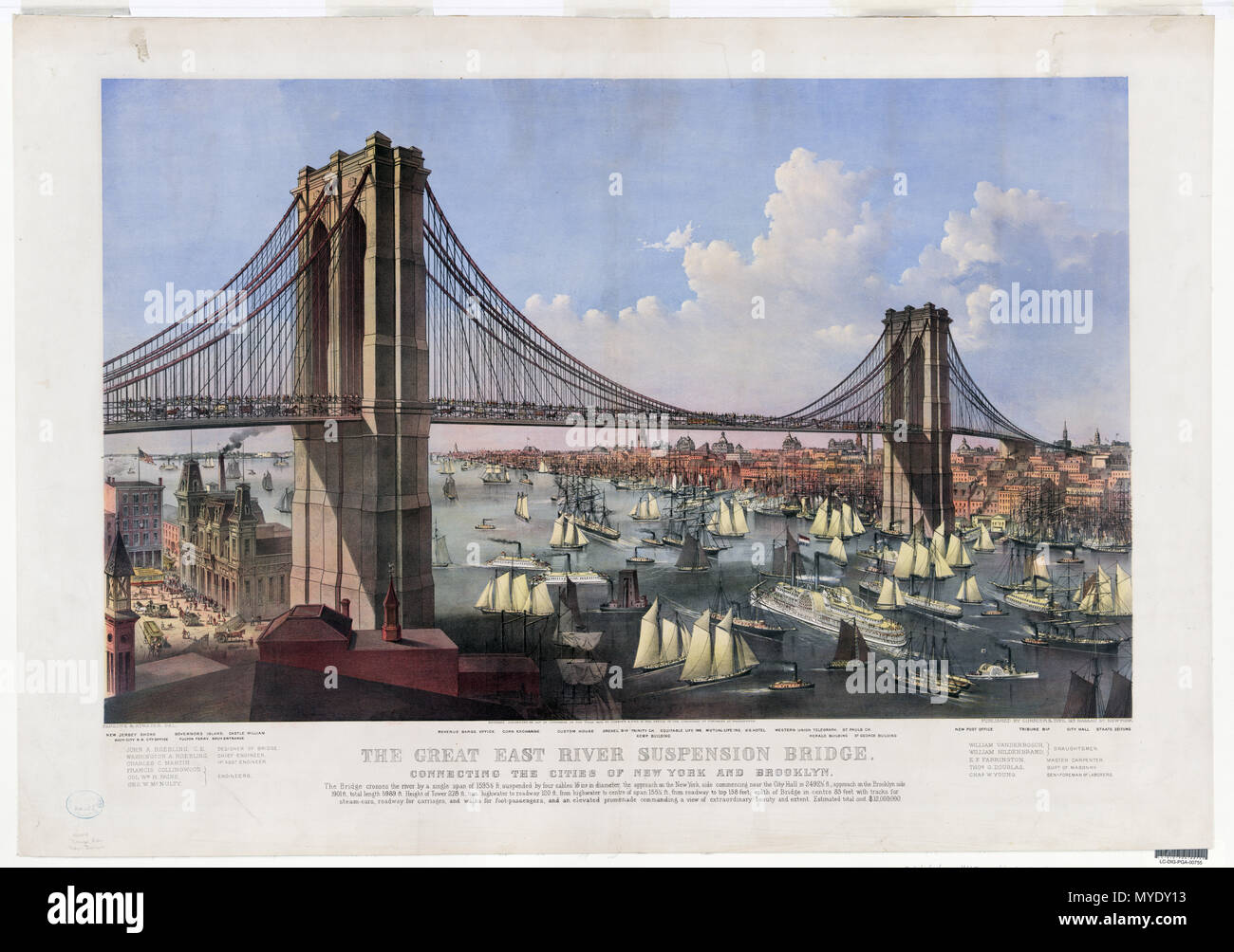 Impresión del siglo XIX de la ciudad de Nueva York y el Puente de Brooklyn c 1877 Foto de stock