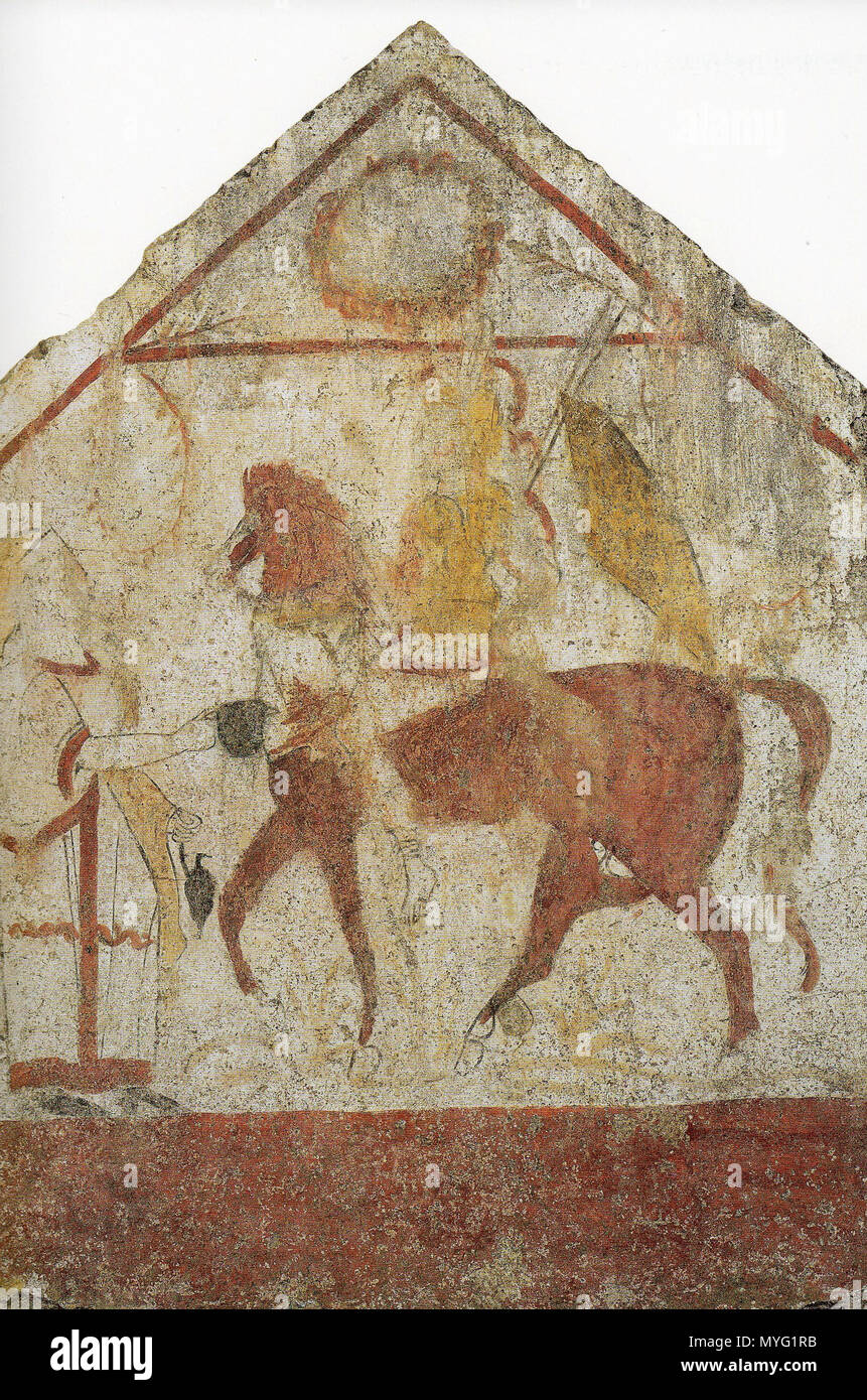 . Paestum, Grab des Ritters heimkehrenden. Namengebende Platte. um 370 v. Chr.. Gemälde: desconocido. Foto: Christoph Irrgang 217 Grab des Ritters heimkehrenden Foto de stock