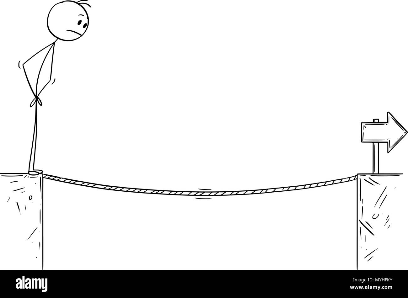 Caricatura del empresario enfrenta Desafío de cuerda floja sobre el abismo Ilustración del Vector