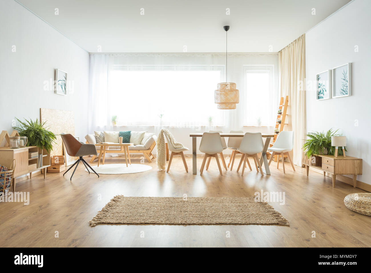 Armarios de madera y moqueta marrón con helechos en la espaciosa sala de estar con mesa de comedor y sillas Foto de stock