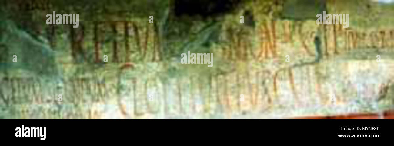 . Français : Graffitis de Pompéi situés sur la fachada du Thermopolium d'Asellina (Regio IX. Insula 11. Mur Est de l'entrée 3 - entre l'entrée 3 et 4). Très éffacé CIL IV, 07871 = M(arcum) Lucretium Frontonem CIL IV, 07872 = C(aium) I(ulium) P(olybium) IIvir(um) d(ignum) r(ei) p(ublicae) CIL IV, 07873 = Ceium Secundum / IIv(irum) i(ura) d(icundo) Asellina rog(a) CIL IV, 07874 = C(aium)(ilem Lollium Fuscum dea) d(ignum) r(ei) o(ro) v(os) f(aciatis) Cf. A. Varone et G. Stefani, Titulorum Pictorum Pompeianorum, Roma, L'erma di Bretschneider, 2009, pág. 427. Voir aussi avec Street View Català: Inscr. Foto de stock