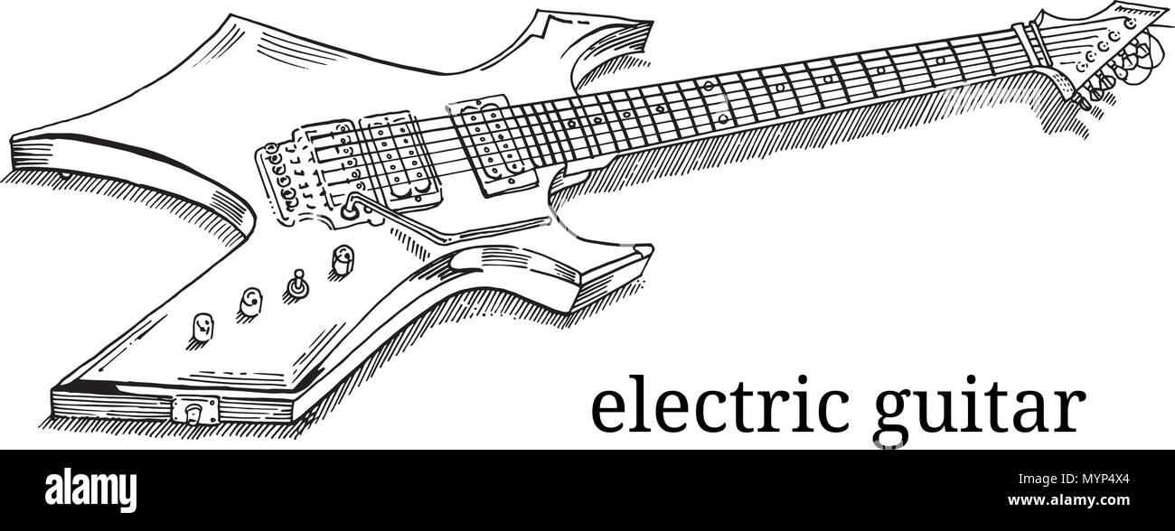 Cerca de mentir guitarra eléctrica. Arte de línea, contorno, la coloración página aislado sobre fondo blanco. Grabado dibujado a mano de estilo sketchy ilustración vectorial. Heavy metal, la música rock, conciertos, festival. Ilustración del Vector