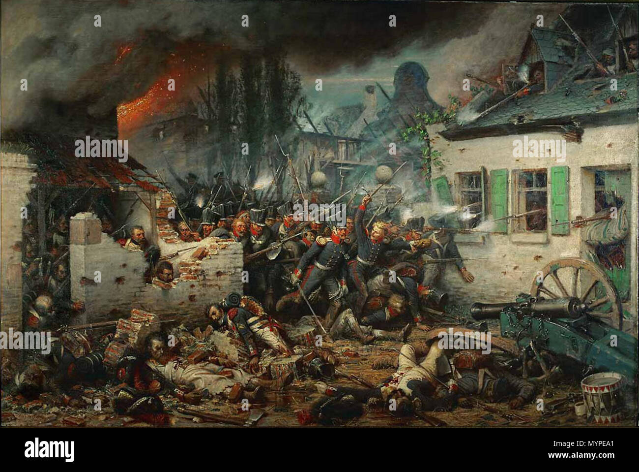 . Inglés: Ataque a Plancenoit, durante la batalla de Waterloo, por divisiones de Prusia Hiller, Ryssel y Tippelskirch que desbordó la Joven Guardia Imperial Francesa y el 1 batallones de la 2ª y 2ª Granaderos Chasseurs. 1864. Adolf septentrional (6 de noviembre de 1828 - 28 de mayo de 1876) 440 Ataque prusiano Plancenoit por Adolf Norte Foto de stock