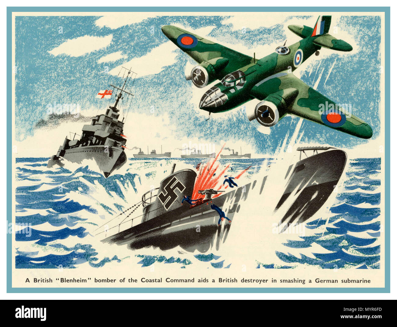 Ilustración de Propaganda Vintage 1942 un Británico "Blenheim bombardero' del comando costero sida un destructor británico en aplastar a un submarino alemán Foto de stock