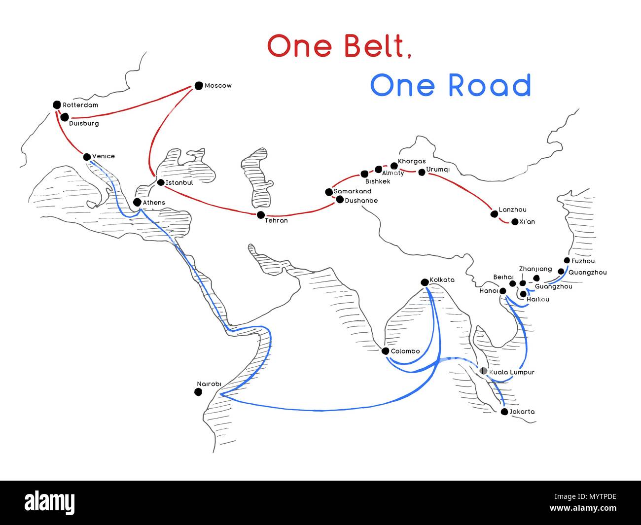 Una correa un nuevo concepto de Carretera de la ruta de la Seda. Conectividad 21st-century y la cooperación entre países de Eurasia. Ilustración vectorial. Ilustración del Vector