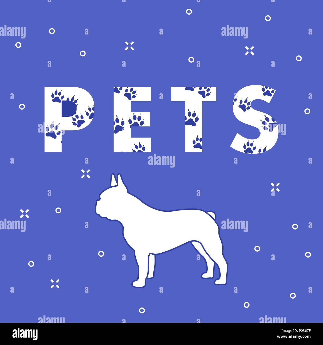 Inscripción: mascotas y perros. El mensaje está decorado con huellas. Raza  de perros bulldog francés Imagen Vector de stock - Alamy