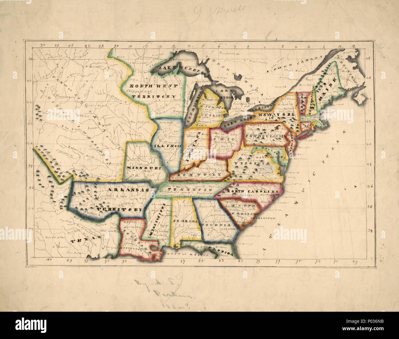 Inglés: Socorro muestra gráficamente. Muestra el territorio de Arkansas,  que fue establecido en 1819, antes de que se redujo de tamaño en 1824.  Pluma y tinta y acuarela. Nombre añadido a