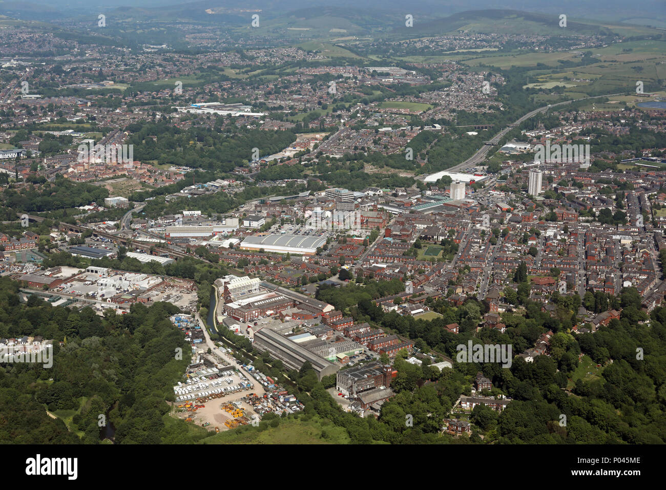 Vista aérea de Hyde en Greater Manchester o Cheshire históricamente Foto de stock