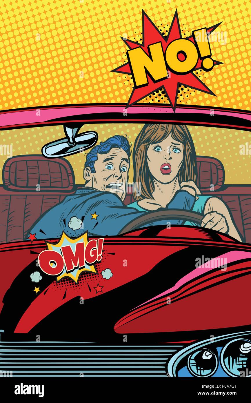 Accidente de coche en la carretera. OMG no. Hombre y mujer reacción de frig Ilustración del Vector