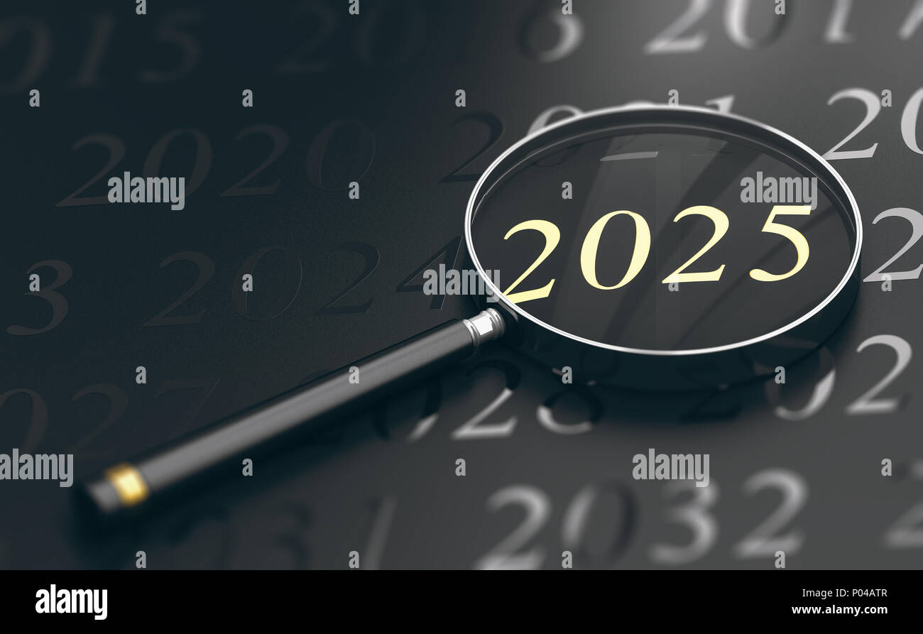 Ilustración 3D del año 2025 escrito en letras doradas y una lupa sobre