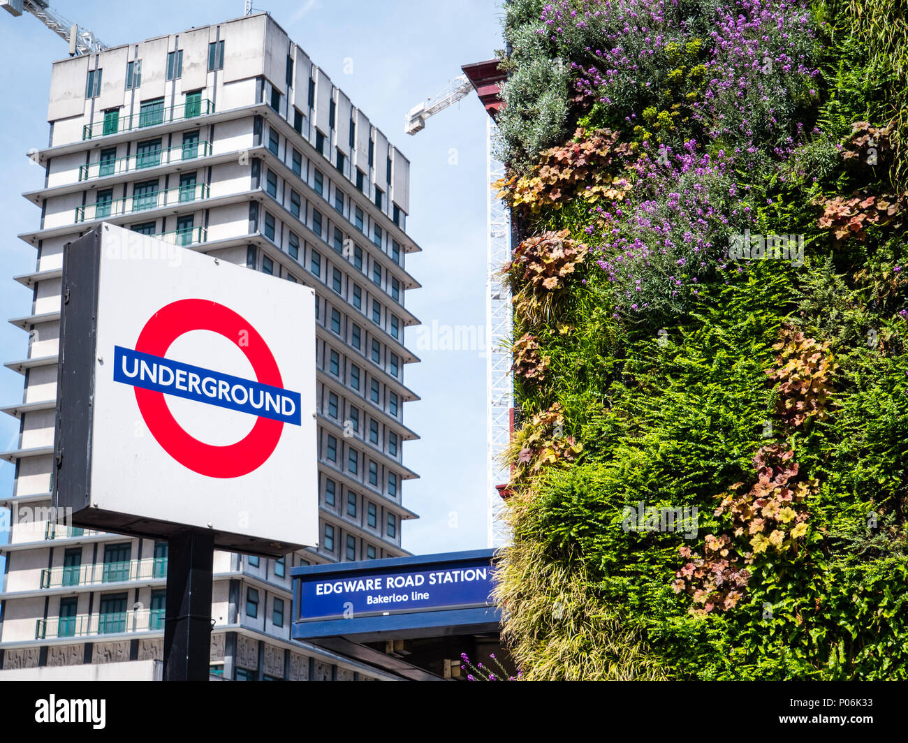La estación de metro Edgware Road de Londres, con paredes verdes para reducir la contaminación del aire, Londres, Inglaterra, Reino Unido, GB. Foto de stock