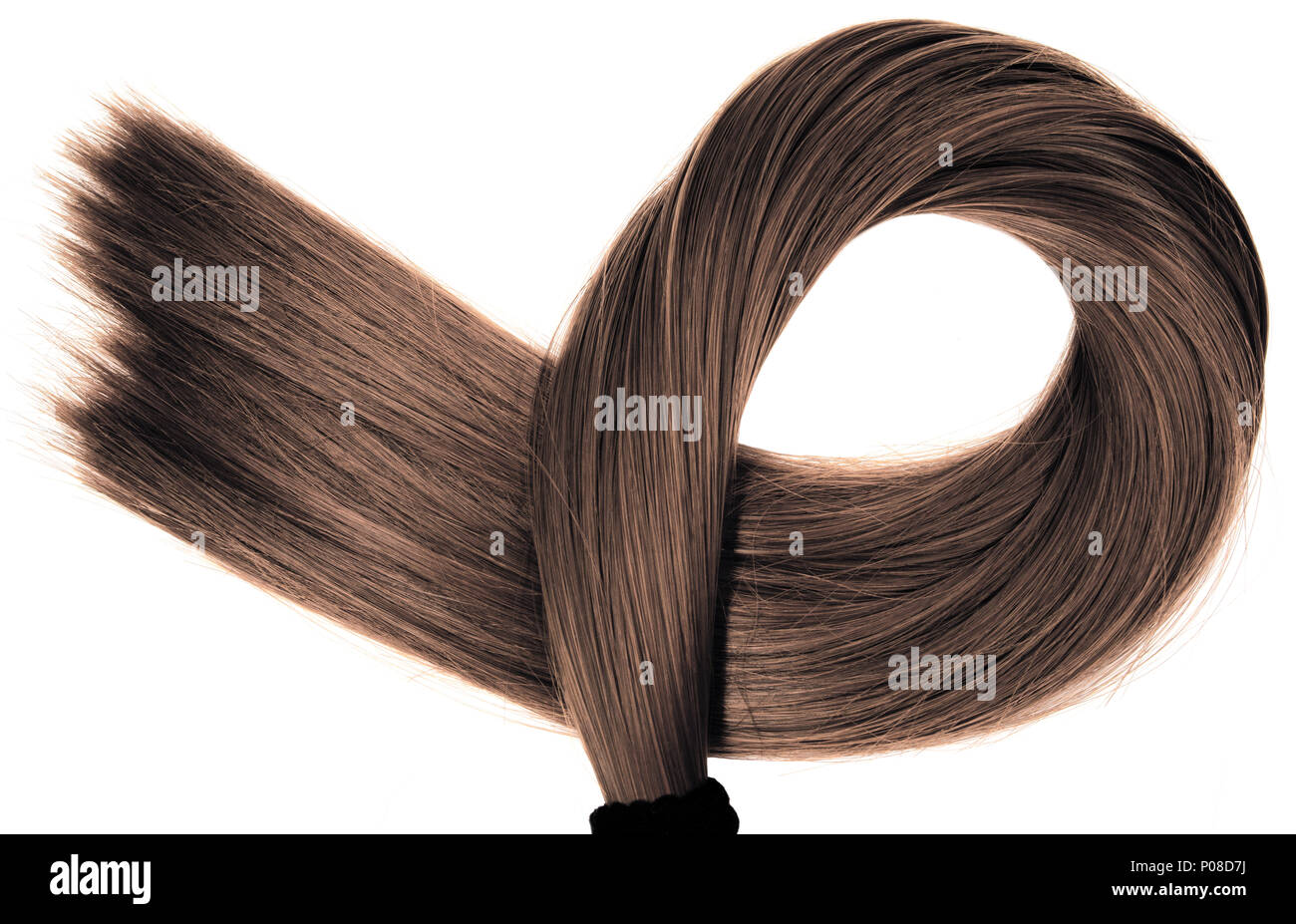 Largo recto sano ponytail cabello marrón sobre fondo blanco. Foto de stock