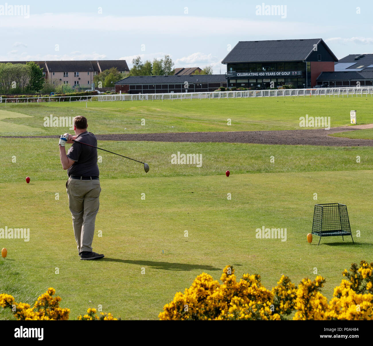 Un golfista que aterriza en el antiguo campo de Golf en Musselburgh, East Lothian, Escocia, uno de los campos de golf más antiguos del mundo. Foto de stock