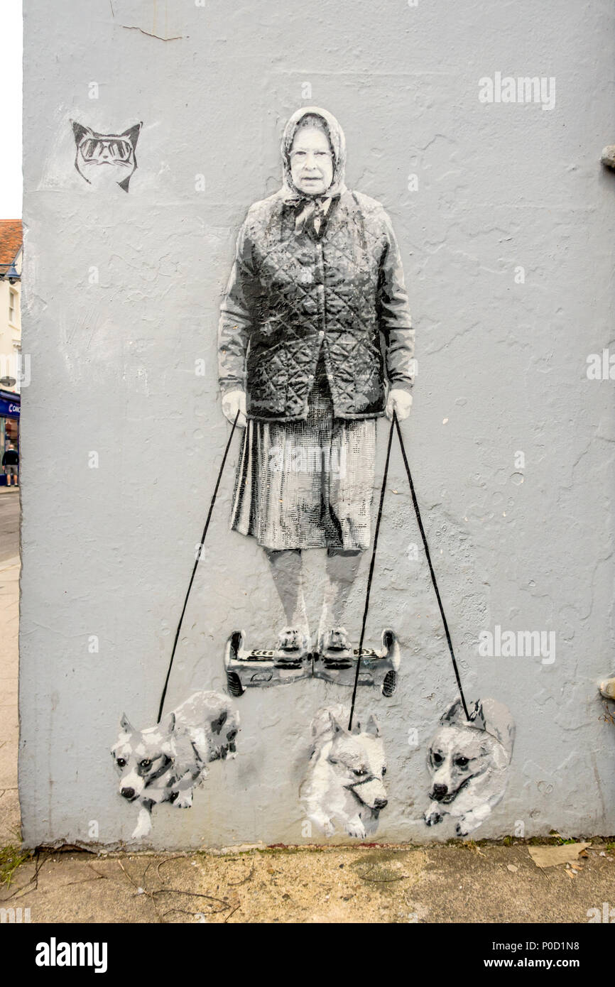 Reina y Corgis,arte de pared,Artista,Catman,Whitstable,High Street, Kent, Inglaterra, Reino Unido Foto de stock