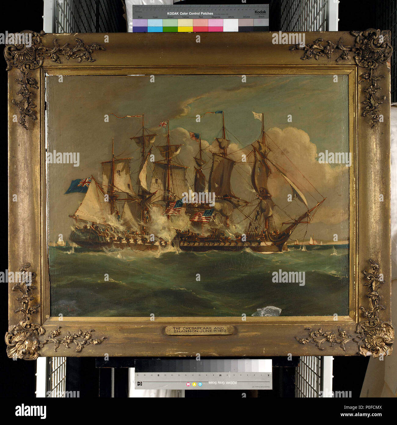 . Inglés: acción entre HMS 'Shannon' y 'USS Chesapeake', el 1 de junio de 1813 "la Acción entre el HMS Shannon y el USS Chesapeake, el 1 de junio de 1813". La pintura ha sido firmado por el artista, aunque la firma es indistinguible. La pintura es de fecha "1813". . 1813. British School, siglo xix 258 Acción entre HMS 'Shannon' y 'USS Chesapeake', el 1 de junio de 1813 BHC RMG0600 Foto de stock