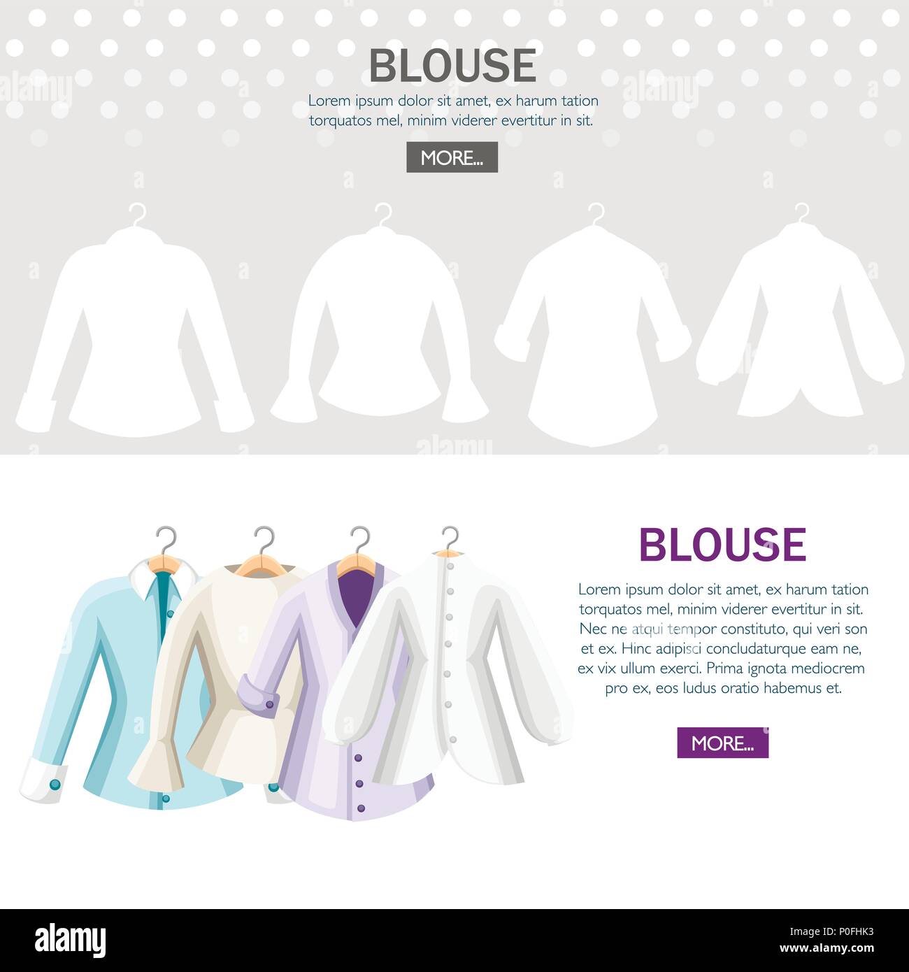 Conjunto de blusas coloridas. Colección de mujeres blusa. Ropa en perchas.  Ilustración vectorial plana sobre fondo de textura. Página de sitio Web y  Mobile App Imagen Vector de stock - Alamy