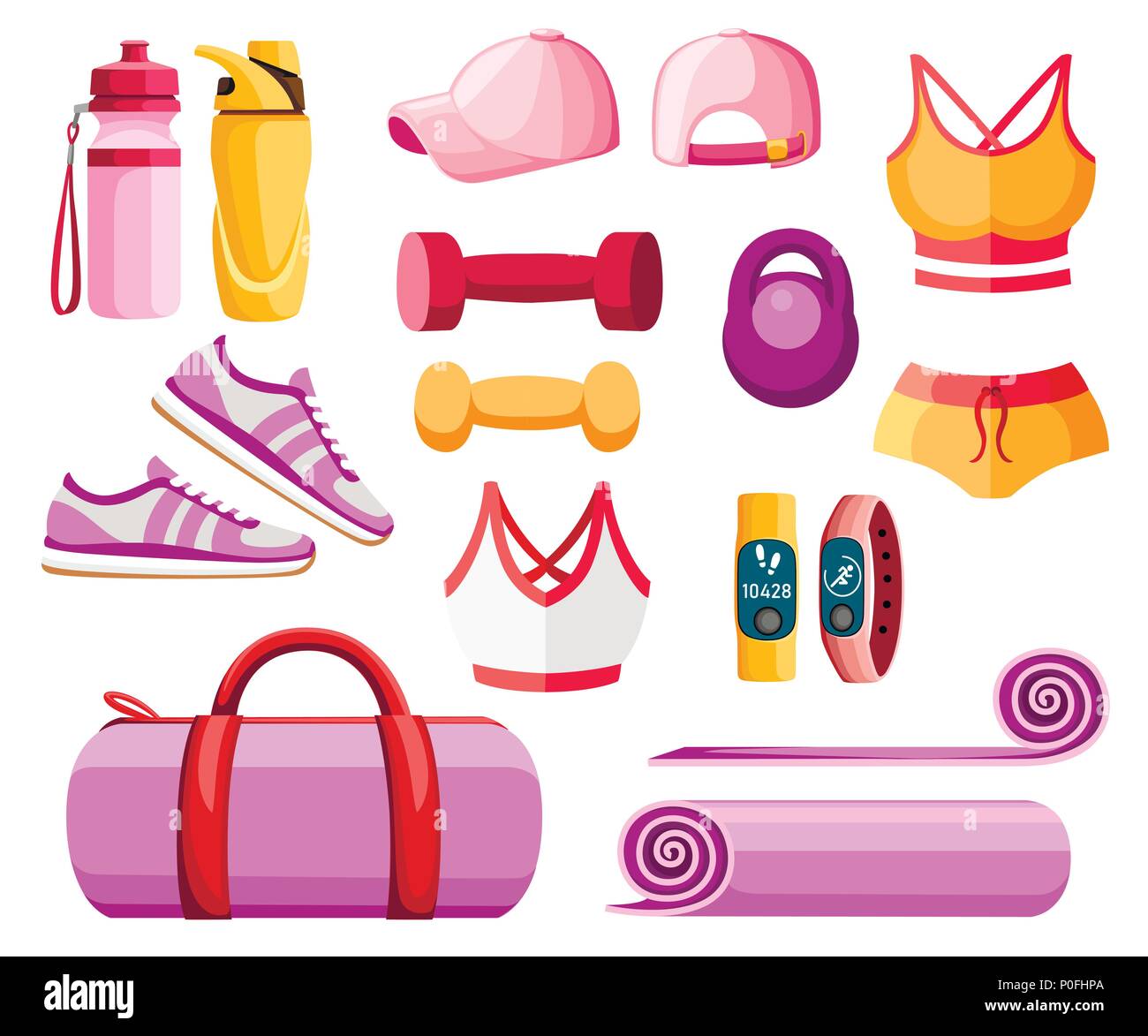 Conjunto de accesorios y ropa deportiva. Las mujeres trajes. Colección de  colores naranja y rosa. Iconos para clases en el gimnasio. Ilustración  vectorial aislado en Imagen Vector de stock - Alamy