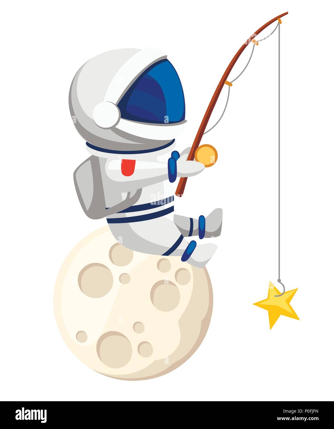Cute astronauta ilustración. El astronauta se asienta sobre la luna y los  peces. Caña de pescar con cebo en forma de estrella. Diseño estilo de  dibujos animados. Vector plana malos Imagen Vector