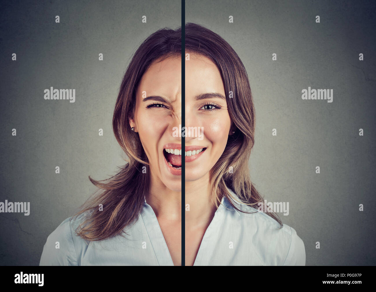 Concepto de trastorno bipolar. Mujer joven con expresión de cara doble aislado sobre fondo gris Foto de stock