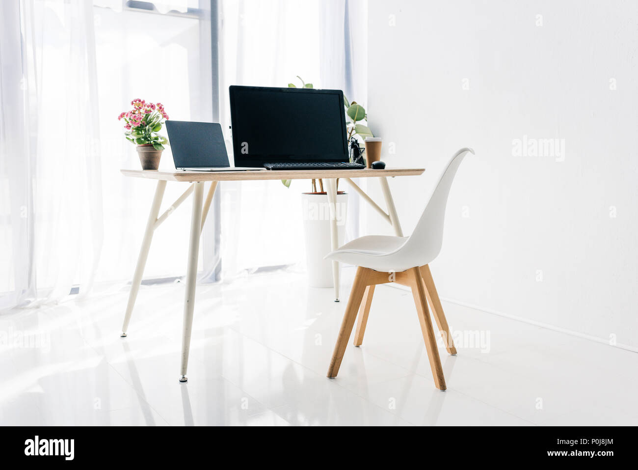 El interior del lugar de trabajo con silla, macetas con plantas, y el ordenador portátil sobre la mesa Foto de stock