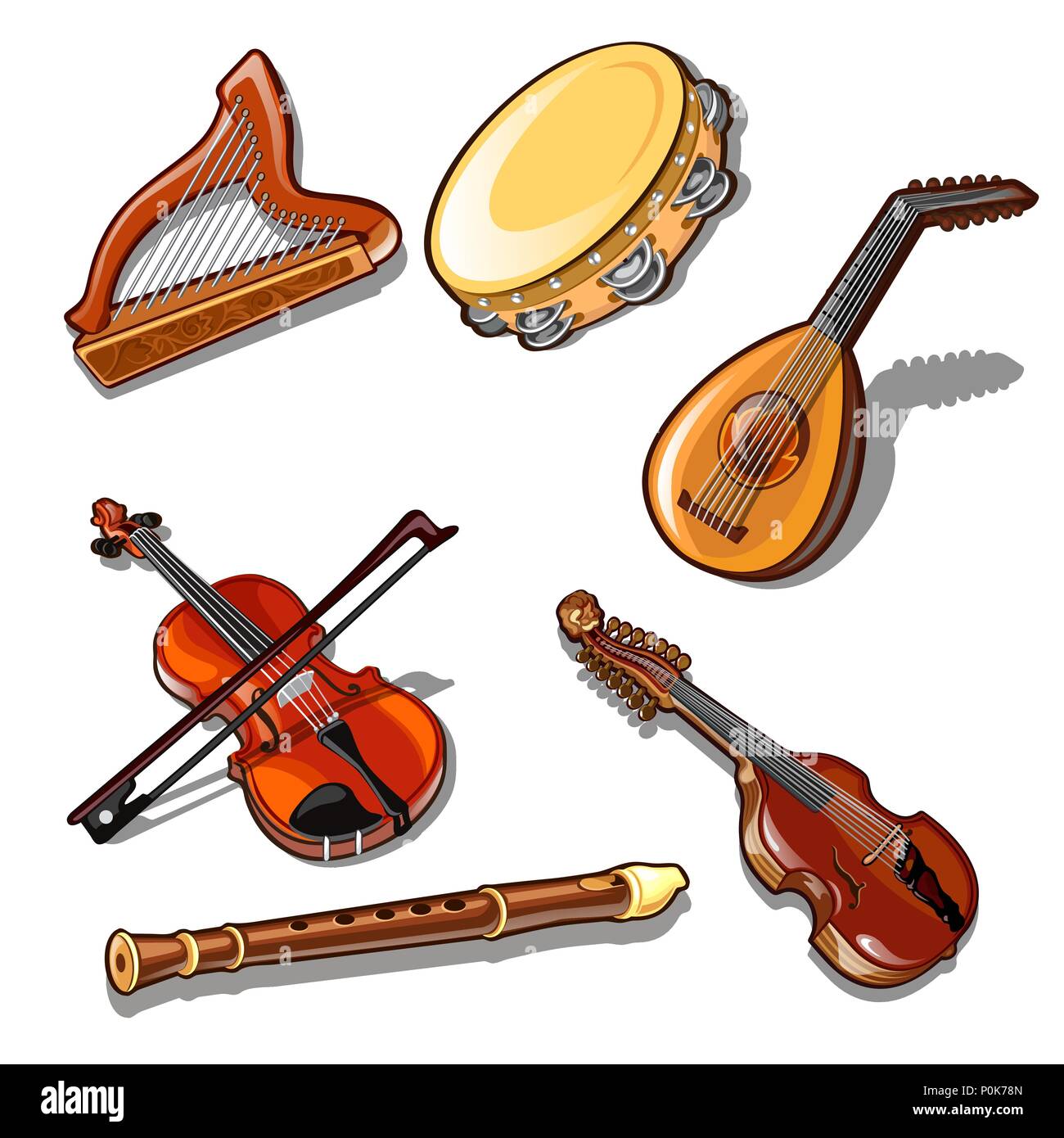 Un juego de cuerdas clásicas, instrumentos musicales de viento y percusión  aislado sobre fondo blanco. Ilustración vectorial Imagen Vector de stock -  Alamy