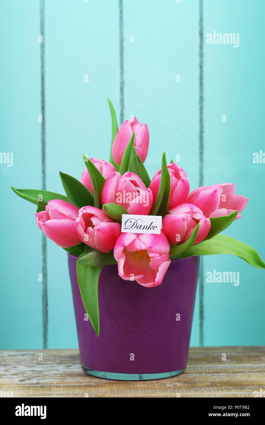 Danke (gracias en alemán) tarjeta con rosa tulipanes en maceta Foto de stock