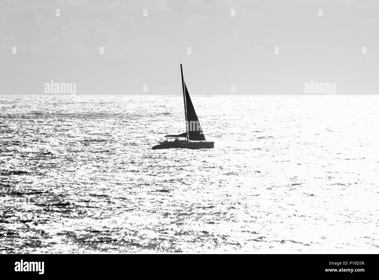Siluetas Yacht haciendo camino cruzando el brillante océano Foto de stock