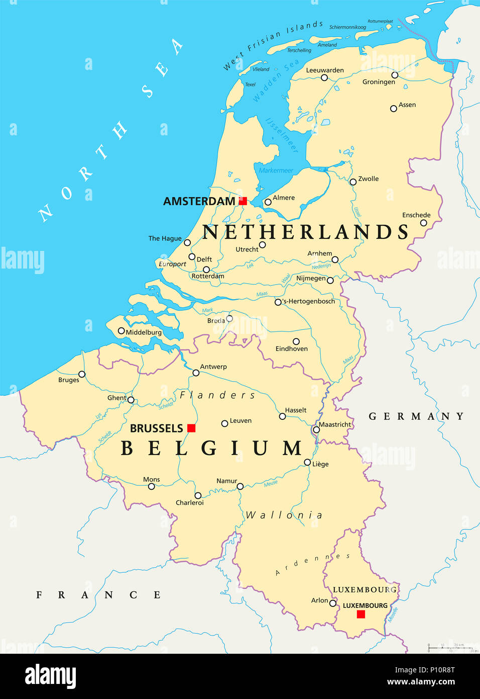 El Benelux. Bélgica, Holanda y Luxemburgo. Mapa político con fronteras, capitales y ciudades importantes. Unión del Benelux. Foto de stock