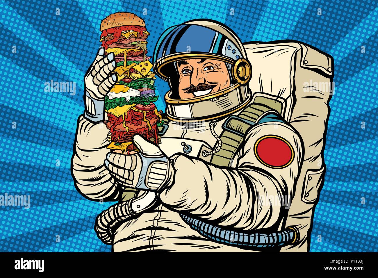 El astronauta con bigotes con hamburguesa gigante Ilustración del Vector