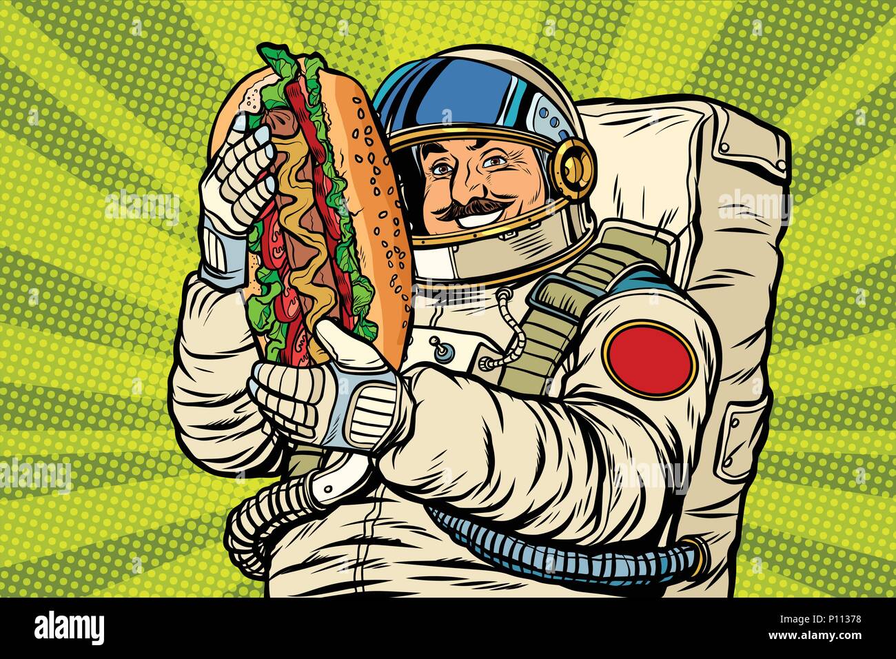 El astronauta bigotudo con un hotdog Ilustración del Vector